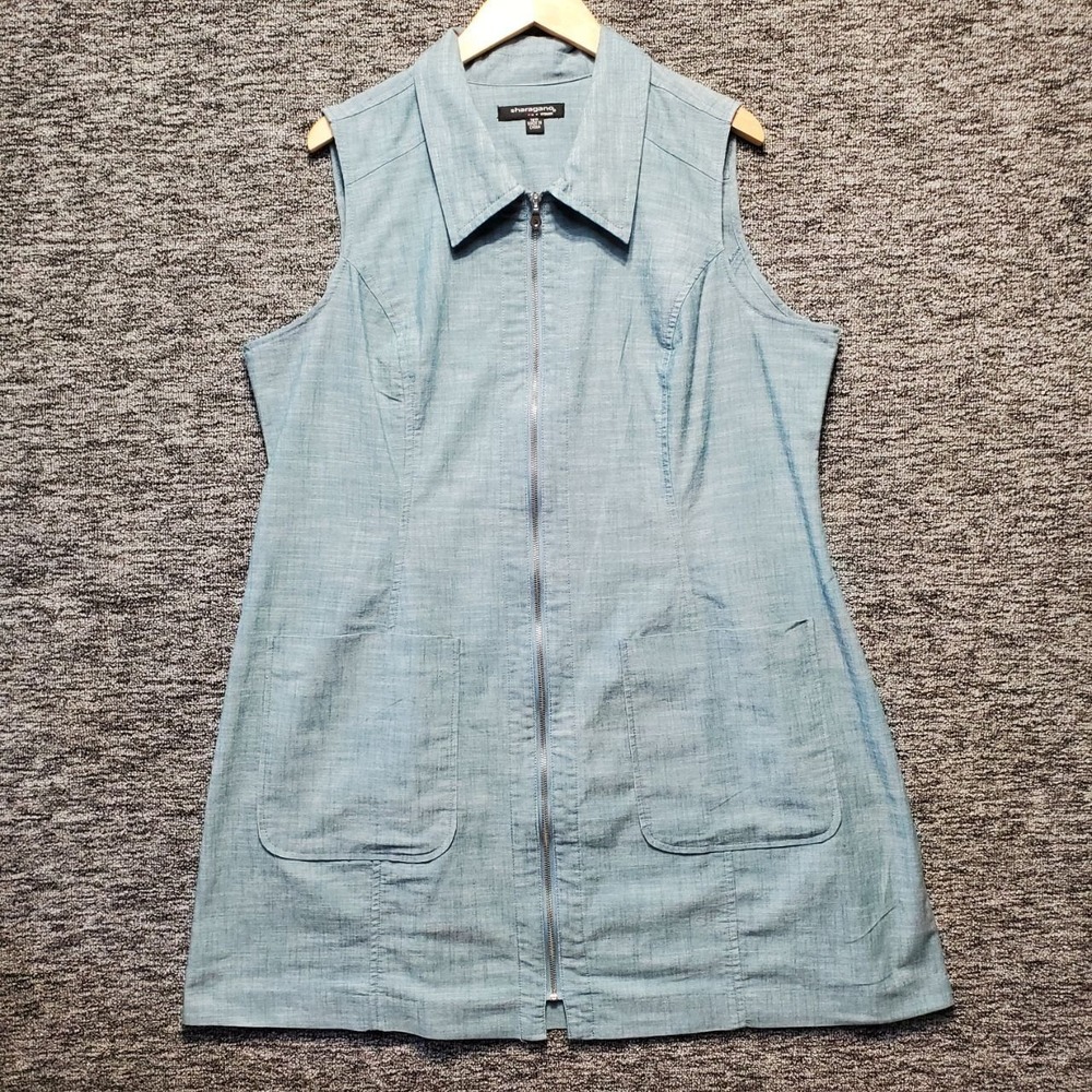 Sharagano Chambray Blue Sleeveless Shift Dress Womens 18W Full Zip Cargo Pocket